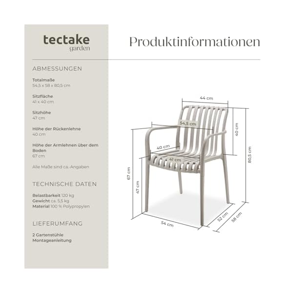 Tectake Gartenstühle Taupe stapelbar (2er-Set)
