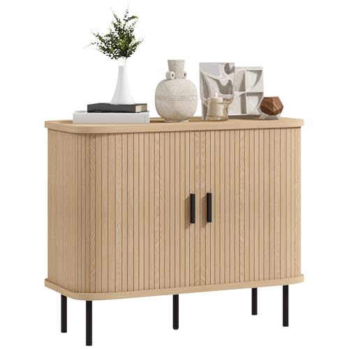 HOMCOM Buffet Meuble de Rangement avec Portes coulissantes à Lattes, Armoire de Cuisine avec Pieds Acier, 90 x 40 x 75 cm, Ton chêne