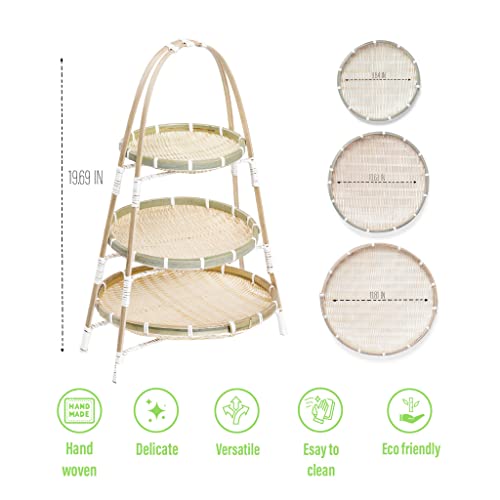 Changy Store 3 Tier Bamboo Basket Rack | Handwoven Wicker Serving Baskets With Standing Rack Set | Food, Fruit, Snack, Cookies Display Centerpiece Or Coffee Table Décor Accent #TOP1