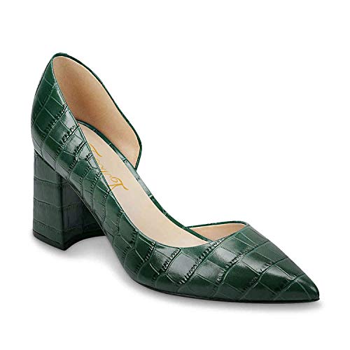 FOWT Spring Crocodile Embossed Leather Half D'Orsay Block High Heel Green Pumps for Women Elegant Pointed Toe 3 Inches Fashion Casual Daily Dressy Shoes, US Size 4-16 M