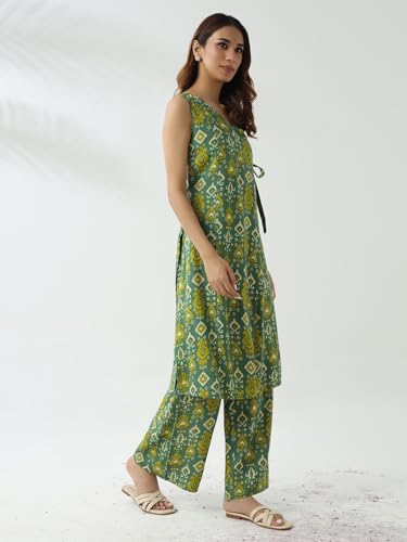 Image of FIORRA Women's Green Cotton Straight Kurta with Palazzo