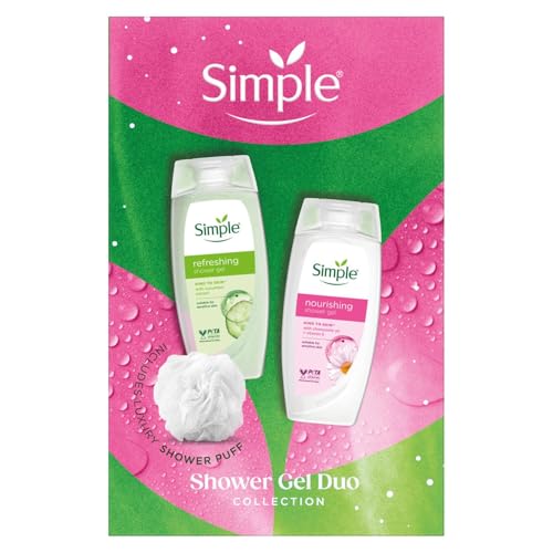 Simple Shower Gel Gift Set Nourishing & Refreshing Body Wash Duo Gentle Skincare with Chamomile Geranium Cucumber for Sensitive Skin Soap-Free Cleanser with Pro-Vitamin B5 & Vitamin E