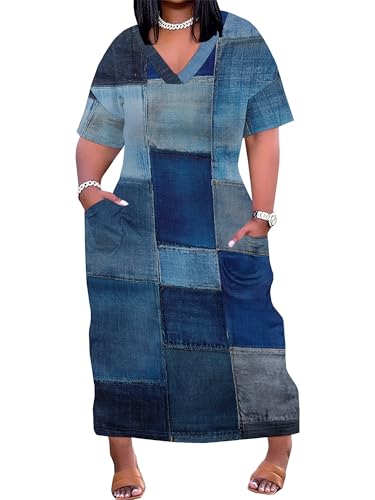 Image of Plus Size Maxi Dress for Women Short Sleeve V Neck Casual Loose Sundress with Pockets