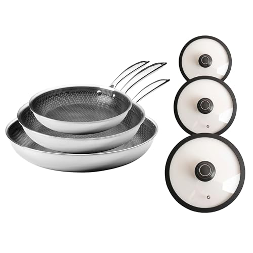 Image of Black Cube Quick Release Fry Pan-Hybrid Cookware with Tempered Glass Lid, 6 Piece Set (8", 9.5", 12.5")