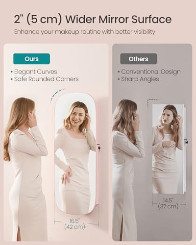 Image of SONGMICS Jewelry Organizer, LED Jewelry Cabinet Wall /Door Mounted, Lockable Rounded Wide Mirror with Storage, Interior Mirror, 3.9 x 16.5 x 42.5 Inches, Jelly Pink Surface with Cream White Lining