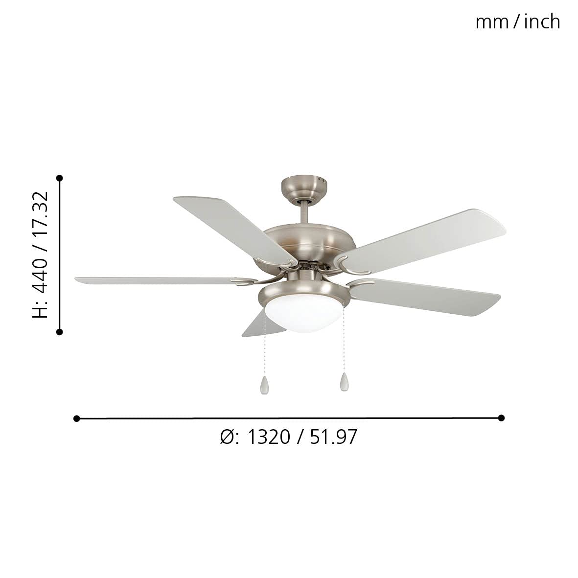 EGLO Deckenventilator BALLINA, 5 Flügel Ventilator mit Licht, Zugkette, Wendeflügel aus Schichtholz in Silber oder Eiche, Gehäuse aus Stahl in Nickel-Matt, Sommer Winter Betrieb, AC Motor, Ø 132cm | Wendeflügel aus Schichtholz in Silber oder Eiche, Gehäus