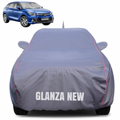 Image of 100% Waterproof Car Body Cover for Toyota Glanza New with Mirror Pocket (Heat & UV Resistant, Triple Stitched, Soft Lining, Bottom Elastic & Piping) Grey