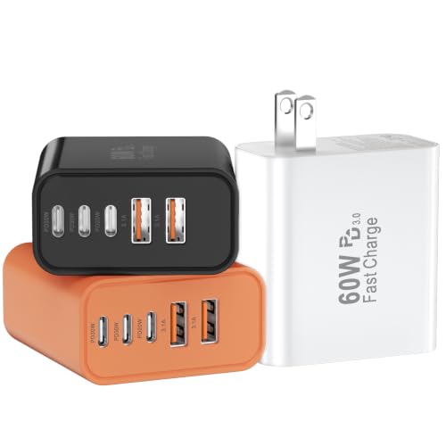 Image of USB C Fast Wall Charger Block, 3Pack 60W USBC Charging Cubes, 5-Port PD+QC Power Adapter Multiport Brick Type C Box Plug for Phone 17 /16 /15 /14 /13 /12 /11 /Pro Max /Plus, Pad Mini /Pro /S25 /S24