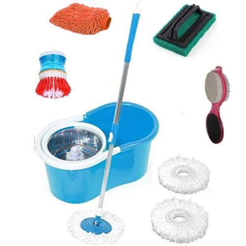 JSN Spin Mop 360° Spin Floor Cleaning Easy Advance Tech Bucket PVC Mop and Rotating Steel Pole with 3 Microfiber Refill Head (Medium Size, Colour May Very)