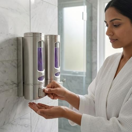 Image of ALTURAS Wall Mounted Liquid Soap Dispenser, ABS, 400 ML, for Shampoo, Sanitizer and Gel Handwash Dispenser (400 ML Silver Combo)