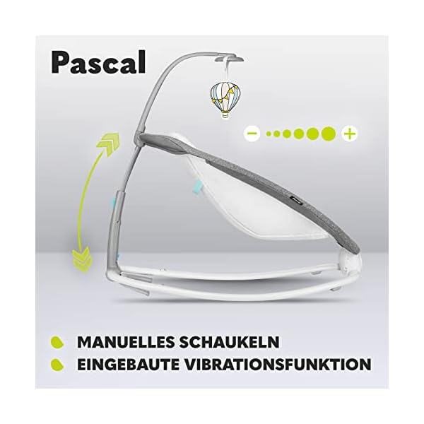 LIONELO Pascal Baby Wippe, sanfte Vibrationen, 5 Melodien, Spielzeugkarussell mit interaktiven Plüschtieren, Kopfkissen, verstellbare Rückenlehne, Energiesparsystem (GREY SCANDI) – Bild 4