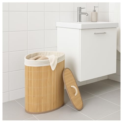 Acomoda Textil – Cesta de Bambú Plegable con Tapa y Asas para Lavandería de Gran Capacidad. Cesto Grande Organizador para la Ropa con Bolsa Extraíble y Lavable Color Madera. (50x35x35 cm) - imagen 4