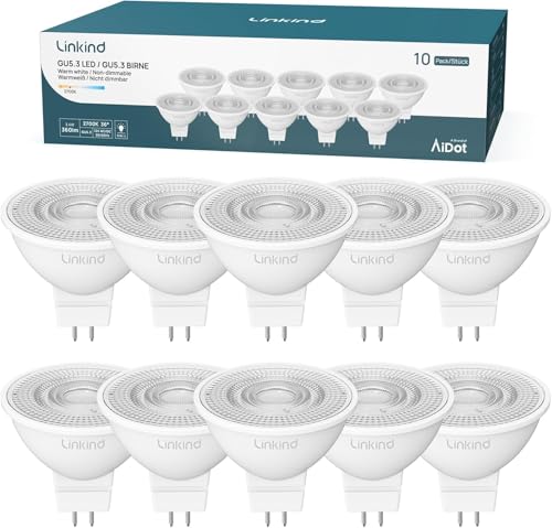 Linkind 12V GU5.3 Led 3.4W, 35 Watt ersetzt, 2700K Warmweiß 36° Abstrahlwinkel LED Spot MR16, 360Lm AC/DC 12V LED Leuchtmittel, 25,000 Std. Lebensdauer, Nicht dimmbar, 10 Stück