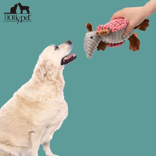 Image of Hollypet Plush Dog Squeaky Toy Stuffed Armadillo Animal Pet Puppy Chew Toys with Clean Teeth for Small Medium Large All Breed Sizes Dogs, Bright Pink,8 in