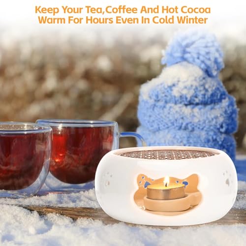 Stövchen für Teekanne Keramik, Teekannenwärmer mit Kerzenhalter und Herdmatte, Teewärmer Kaffeewärmer aus Keramik, Hohl Geschnitztes Design Porzellan Teewärmer zum Tee Milch Kaffee