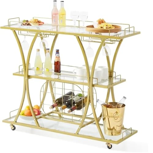 EXKURPOO Carrito Camarera Carrito rodante Dorado de 3 Niveles for Bebidas alcohólicas con Ruedas bloqueables, estantes de Vidrio Templado y barandilla, Ideal for Servir en el Bar de casa.