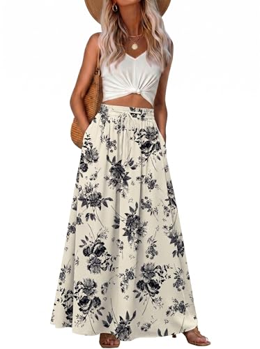 Image of GRECERELLE Womens Summer Long Skirts Ladies Casual Maxi Drawstring Elastic A-Line High Waist Boho Skirt with Pockets for Women UK (Black Rose, L)
