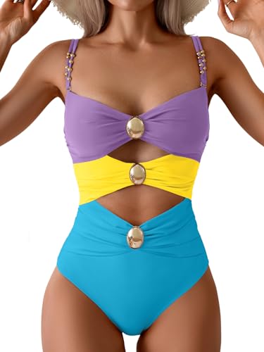 Image of B2prity Cutout One Piece Swimsuit Tummy Control Ruched Monokini Color Block Bathing Suit for Cruise Vacation