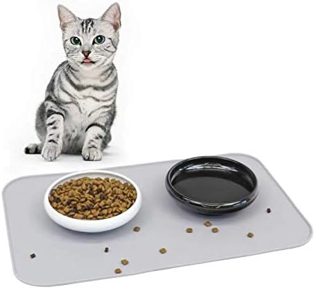 MSBC Cat Feeding and Watering Set Including 2pcs Ceramic Cat Food/Water Bowls(White+Black) + 1pcs Silicone Feeding Mat, Food Grade…
