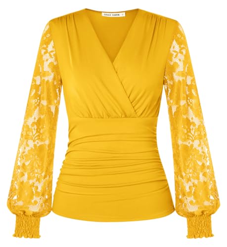GRACE KARIN Women’s Long Sleeve Tops Elegant Wrap V-Neck Ruched Tunic Blouses Casual Vintage Blouse Shirt Yellow L