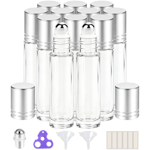PrettyCare Set of 12, 10 ml Essential Oil Roller Bottles with Stainless Steel Roller Ball - Refillable Leak-proof Empty Thick Clear Glass Roll on Bottles with Silver Metal Caps for Travel, Perfume