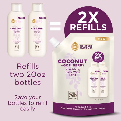 Soapbox Body Wash Refill, Coconut + Goji Berry Body Wash Refill Pack, Bulk Soap Refill Pouch, Vegan + Antioxidant Rich Moisturizing Body Wash With Shea Butter, Peptides & Keratin Promoting B3, 40Oz Refill Size #TOP2