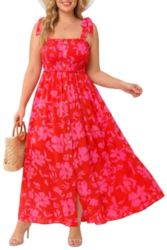 Pinup Fashion Plus Size Summer Floral Red Maxi Long Smocked