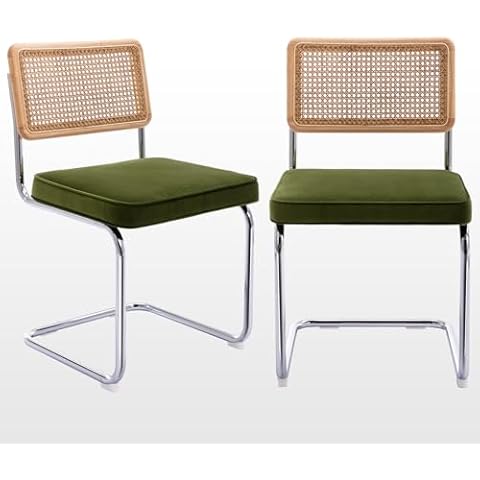Zesthouse Mid Century Modern Dining Chairs Set of 2, Velvet Accent Chairs with Natural Cane Back & Stainless Chrome Base, Breuer Designed Inspired Chairs, Upholstered Rattan Kitchen Chairs,Green Cover