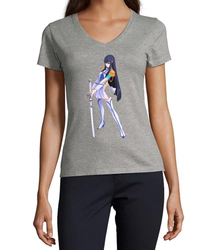 T-shirt à col en V Anime 108 anti-déformation en coton gris doux femme