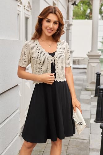 Image of Kate Kasin Women Crochet Shrug Knit Sweater, Short Sleeve Cropped Cardigan | Tie Front Tops Light Weight, Knit Cover Up Arm Bolero For Evening Dresses Dressy Casual, Ladies Eyelet Shawl Thin Formal