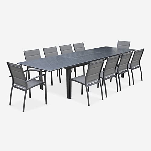 sweeek Alice's Garden - Table de Jardin Extensible Aluminium + 10 assises - Odenton Anthracite - Grande Table en Aluminium 235/335cm avec rallonge et 10...