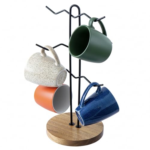 MyGift Black Metal Wire Tabletop Coffee Mug Holder with Premium Acacia Wood Base – Modern Countertop Cup Organizer Rack Stand