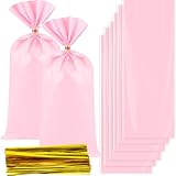 Clabby 100 Pcs Cellophane Bags Candy Plastic Gift Treat Party Favor Bags with Twist Ties for Fall Halloween Thanksgiving Christmas Birthday Goodie Cookie Snack Gift Wrapping Supplies(Pink)
