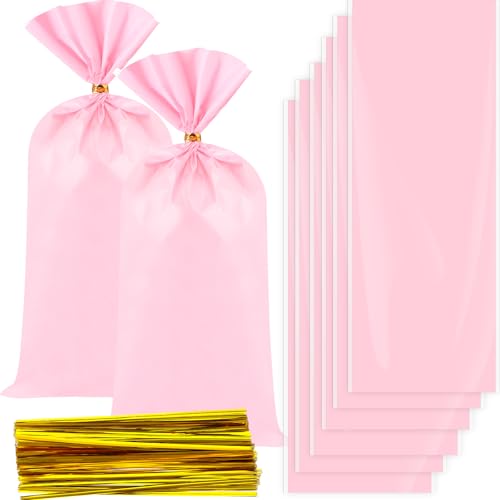 Clabby 100 Pcs Cellophane Bags Candy Plastic Gift Treat Party Favor Bags with Twist Ties for Fall Halloween Thanksgiving Christmas Birthday Goodie Cookie Snack Gift Wrapping Supplies(Pink)