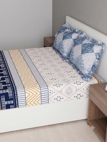 Image of DECOMIZER 300 TC Soft Cotton Feel Microfiber All Around Elastic Fitted Super King Bedsheet with 2 Frill Pillow Covers King Size (72x78) Fits Upto 12 inches Mattress | Blue T