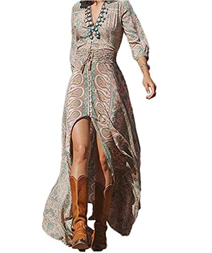 Dames Robe De Décolleté Longues Style Longue Plage Simple Manches en V Imprimer Robes De Soirée Cocktail Robes D'Été Mode Vintage Style De Boho Maxi Robes (Color : Colour, One Size : M) Cover