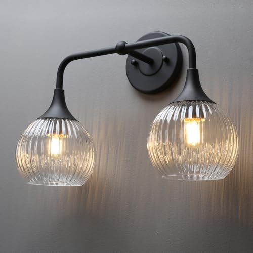 Image of PERMO Vintage Vanity Light Antique 2 Lights Sconce with Clear Ribbed Globe Glass Shade Matte Black Double Sconces for Bathroom Mirror Living Room