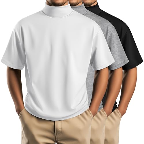 Huukeay 3 Pack Men's Big and Tall Turtleneck Shirt, Cotton Short Sleeve Mock Neck Tops Loose Fit Basic Casual Undershirt Tee