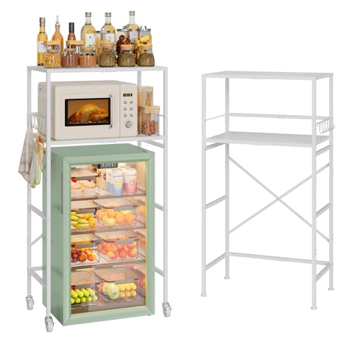 Hongtamoya 2 Tier Mini Fridge Stand with Storage Adjustable Height Mini Fridge Shelf Over Mini Fridge Storage Cart Rack Appliance Shelf Microwave Stand for Dorm Apartment Kitchen Office (White)