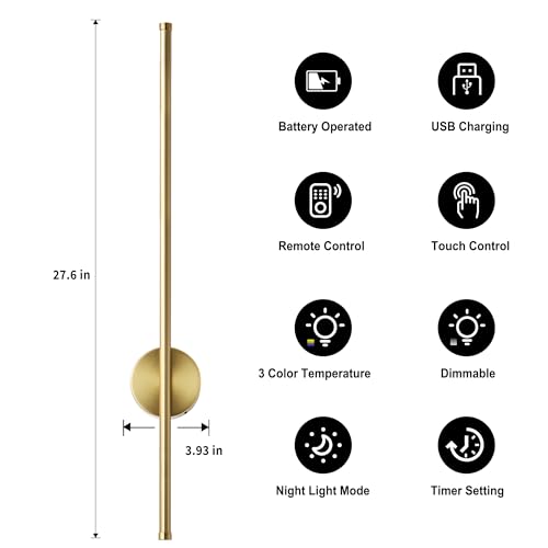 Image of Battery Operated Modern Wall Sconces, Dimmable Wireless Wall Light Set of Two with Remote Control, 3 Color Temperatures, Rechargeable LED Wall Sconce for Bedroom, Living Room, Hallway, 27.6 Inch Brass