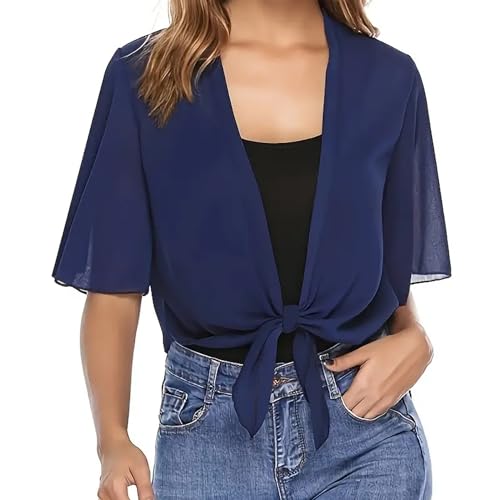 Image of Women's Chiffon Cropped Bolero Sheer Shrugs for Dress Short Sleeve Tie Front Cardigan
