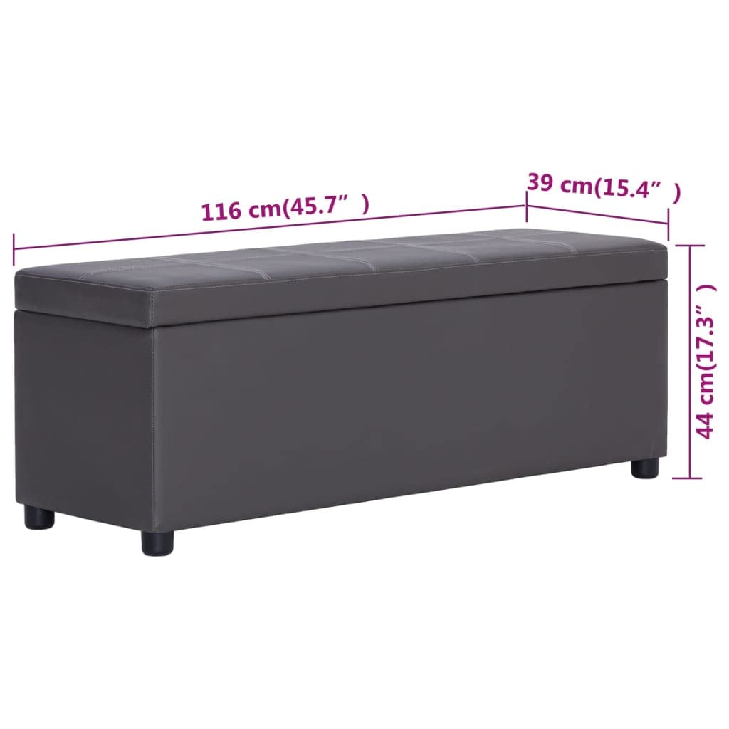 Banco con compartimento de almacenamiento de 116 cm, cuero artificial gris, banco de almacenamiento para pasillo y sala de estar, banco de asiento cómodo con función organizadora