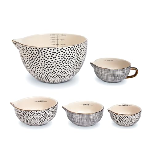 TnLoji 5-Piece Ceramic Mixing Bowl Set - Dot Pattern Nesting Bowls with Spouts & Handles, Includes Measuring Cups, Non-Slip Bases for Baking & Food Prep