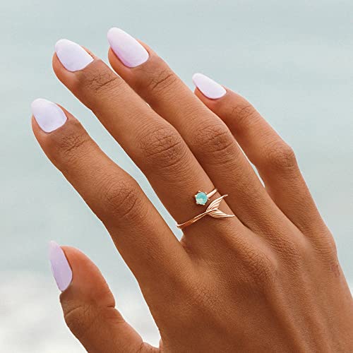 Pura Vida Rose Gold Disney Little Mermaid Fin Open Ring W/Opal Stone - Textured Charm, Brass Base - Size 7 #TOP3