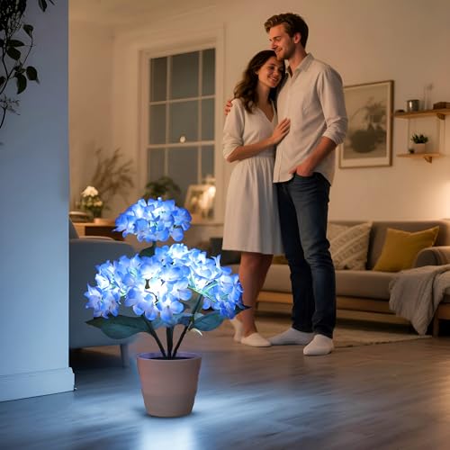 Image of Blue Artificial Hydrangea LED Flower Lamp - Lighted Floral Decor for Wedding Christmas Mother Valentines Day Birthday, Bedroom Bar Coffee Shop Home Decor, Battery-Operated Night Light, Gifts for Women