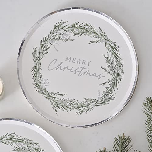 Ginger Ray Christmas Wreath Paper Party Table Plates with Silver Pack of 8, SIL-425