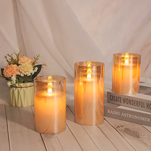 Crystal Club Gold Glass Flameless Candles, Battery Operated Led Pillar Candles With Remote, Flickering Flameless Candles With Timer, Amber Glass Effect Candle & Gold Decor For Home Decors #TOP4