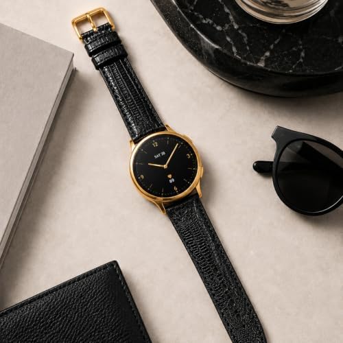 Bandini Italian Leather Watch Strap - Black - Lizard Pattern - Slim - Gold Buckle - 18mm Watch Band - 4