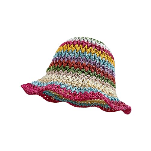 BAIMORE Women's Handmade Crochet Rainbow Stripe Foldable Beach Boho Bucket Hat