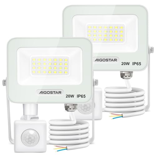 Aigostar 20W LED Strahler mit Bewegungsmelder Außen，2 Stück ，1650LM，6500K Kaltweiß Außenstrahler，IP65 Wasserdicht Scheinwerfer， Fluter für Innen und Außen，Garten， Innenhöfe， Haus，Garage， Hote